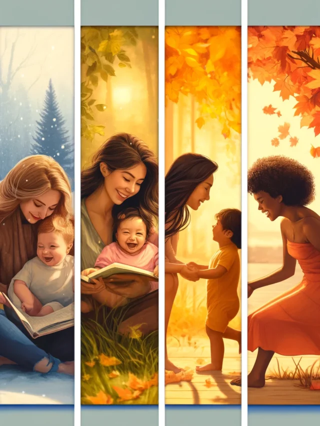 A collage of four vertical images depicting various tender moments between a mother and child, set across different seasons