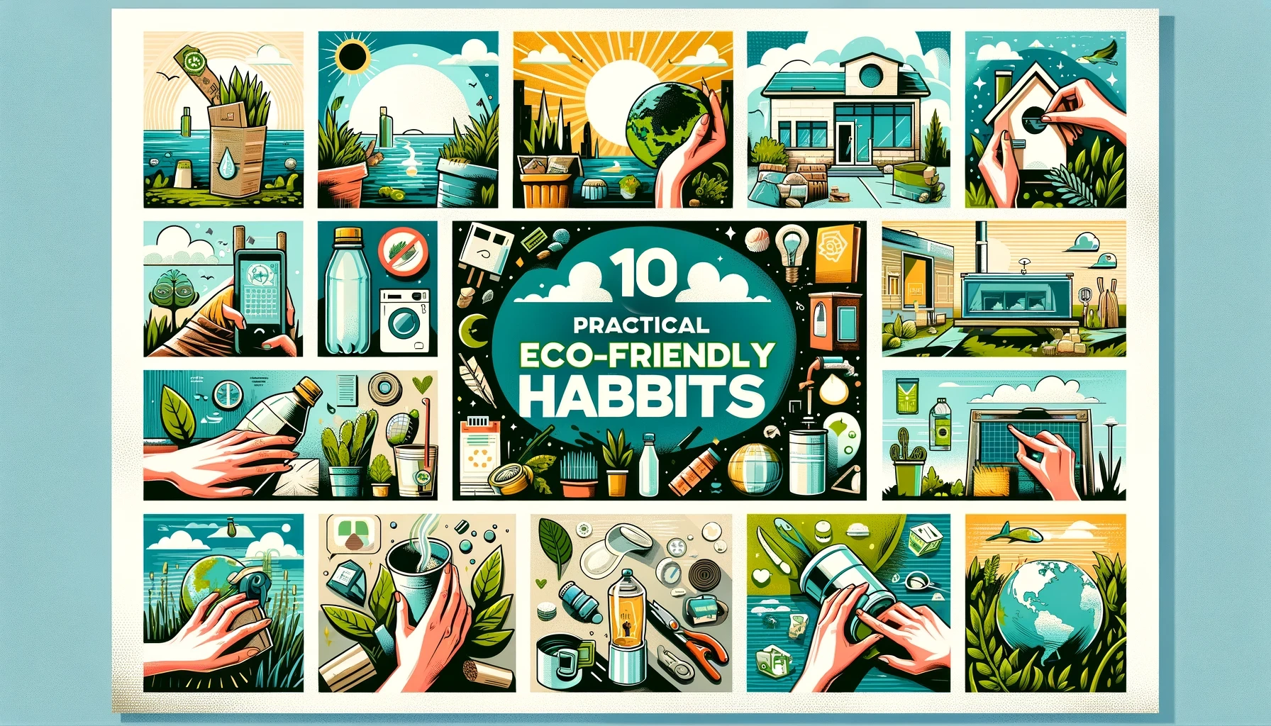 featuring the title and ten icons representing essential habits like using reusable bottles, saving energy, composting, and supporting local businesses, to inspire daily sustainable living.