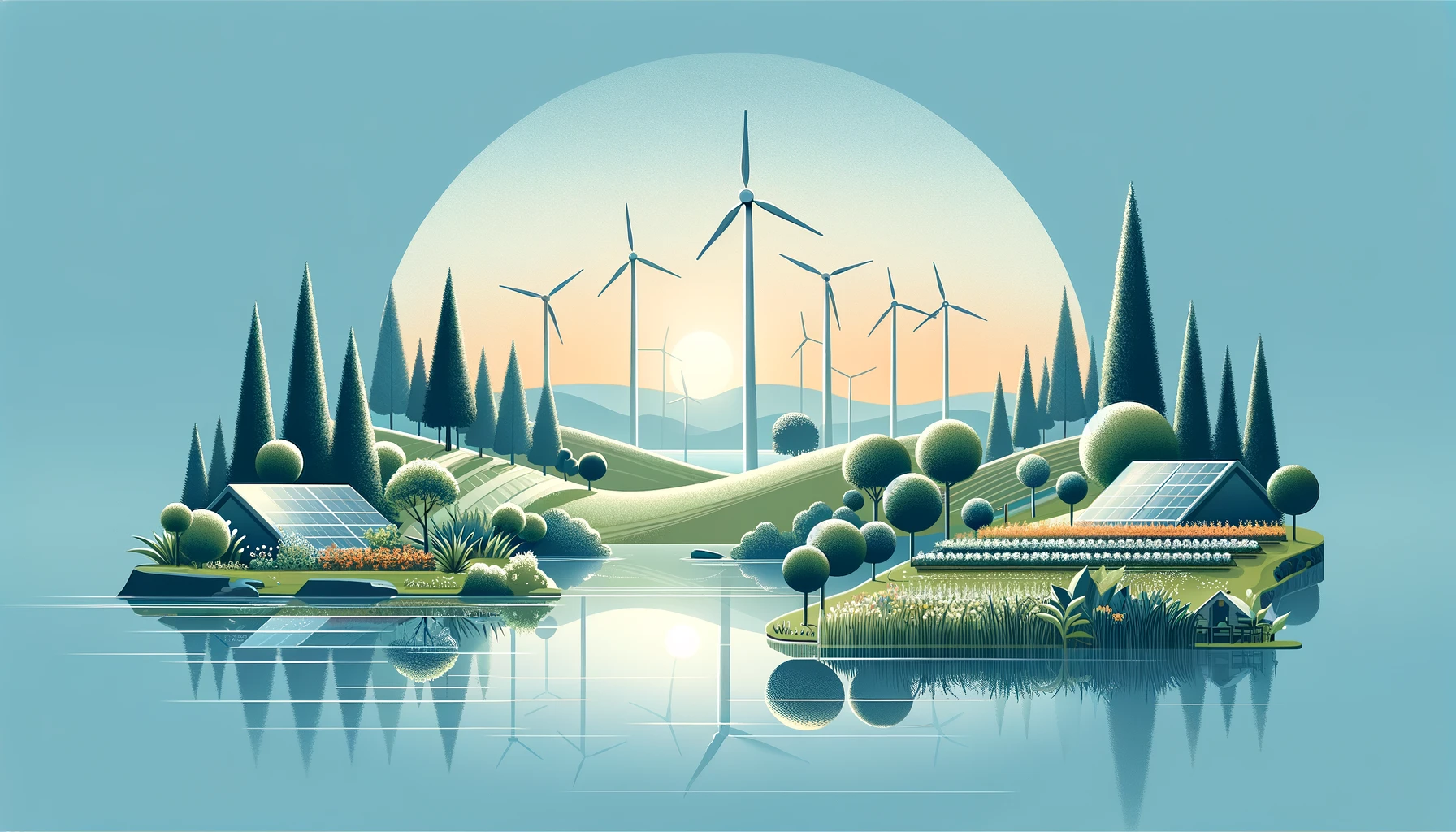 A tranquil landscape showcasing sustainable living with wind turbines and solar panels in the background, and a lush garden in the foreground, symbolizing renewable energy and sustainable agriculture under a clear blue sky
