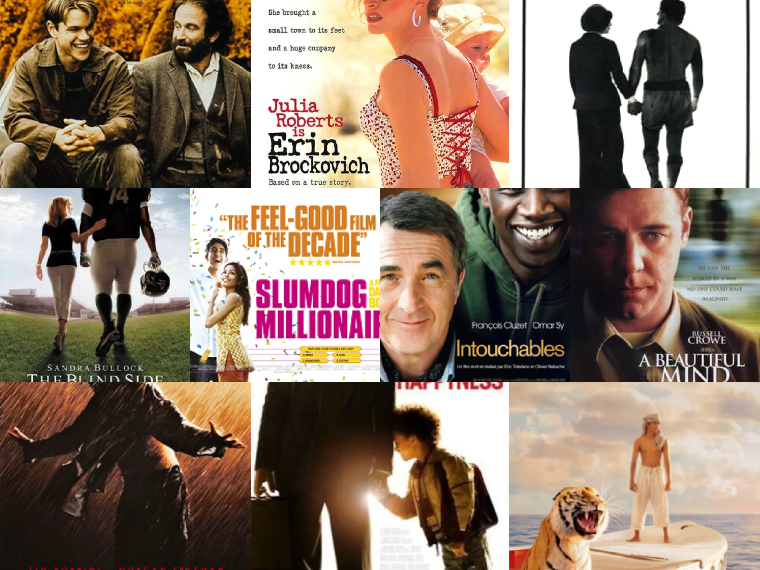 Movie Posters for Top 10 Inspiring Films About Overcoming Struggles with Happy Endings: The Pursuit of Happyness, Slumdog Millionaire, Rocky, Erin Brockovich, The Blind Side, Good Will Hunting, Life of Pi, The Intouchables, The Shawshank Redemption, and A Beautiful Mind