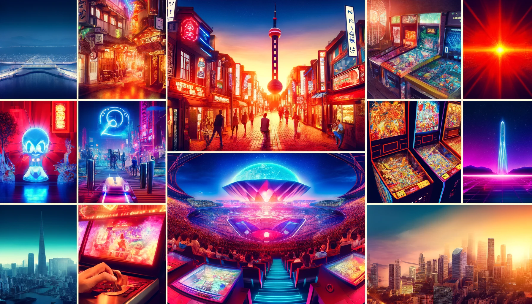 A vibrant collage showcasing various global gaming destinations, including neon-lit streets, a colorful theme park, high-tech gaming setups, an esports arena with cheering crowds, classic arcade machines, and vintage pinball machines, capturing the excitement and diversity of gaming experiences.