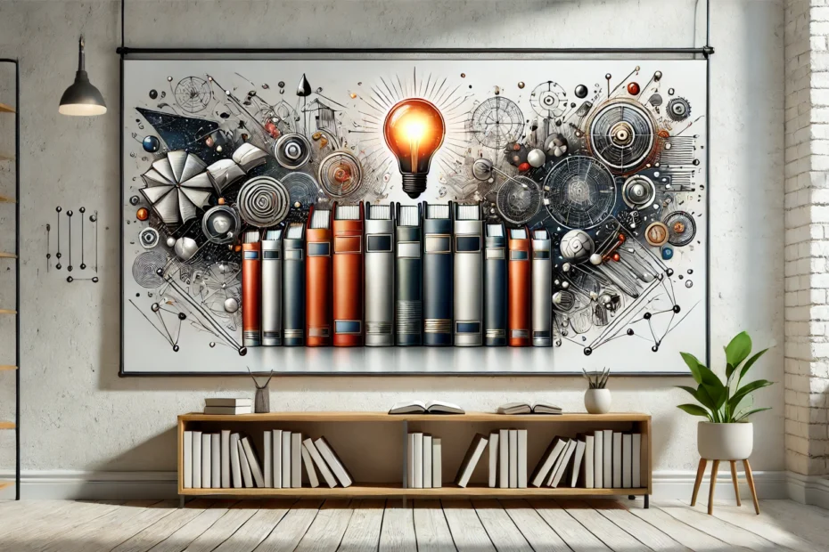 An inspiring and modern artistic image featuring a sleek, minimalistic bookshelf filled with abstract representations of business books. The bright background and subtle elements convey a sense of innovation, creativity, and knowledge, perfectly complementing an article on the best entrepreneur books of all time.