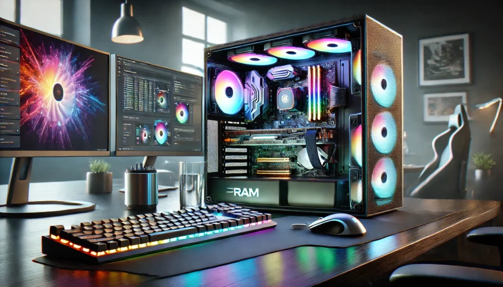 High-performance gaming and content creation PC setup featuring illuminated RGB RAM modules inside a transparent case, surrounded by dual monitors, a mechanical keyboard, and a gaming mouse in a sleek, modern workspace