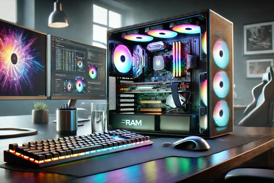 High-performance gaming and content creation PC setup featuring illuminated RGB RAM modules inside a transparent case, surrounded by dual monitors, a mechanical keyboard, and a gaming mouse in a sleek, modern workspace