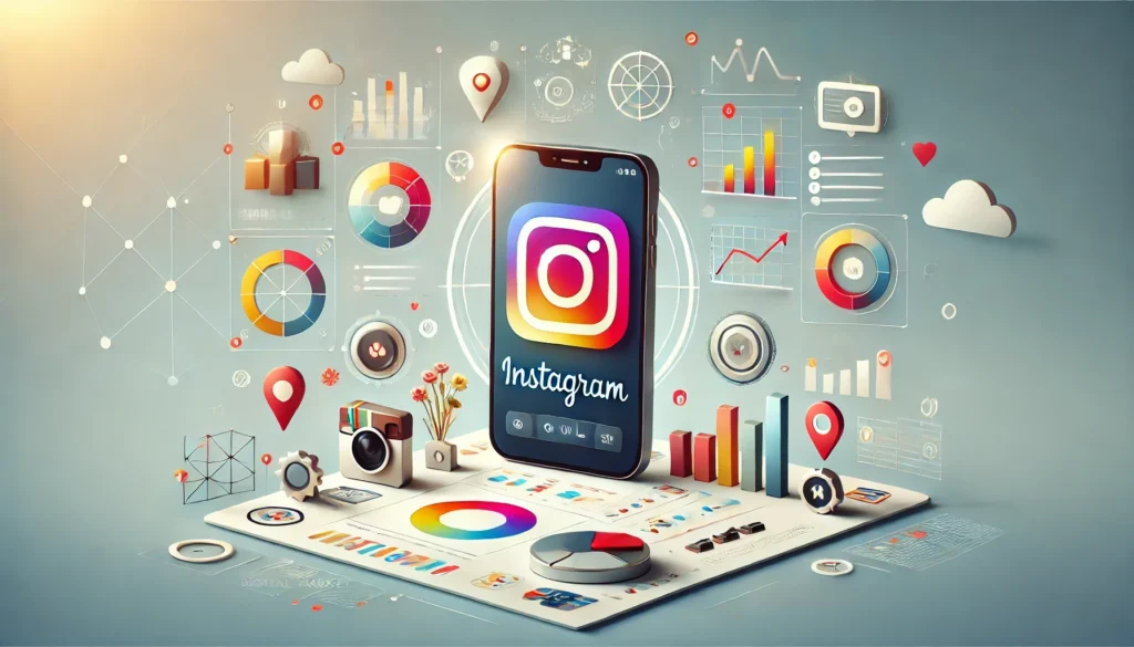 Smartphone displaying Instagram app surrounded by icons for analytics, scheduling, and hashtags, symbolizing digital marketing tools for gaining Instagram followers and boosting engagement.